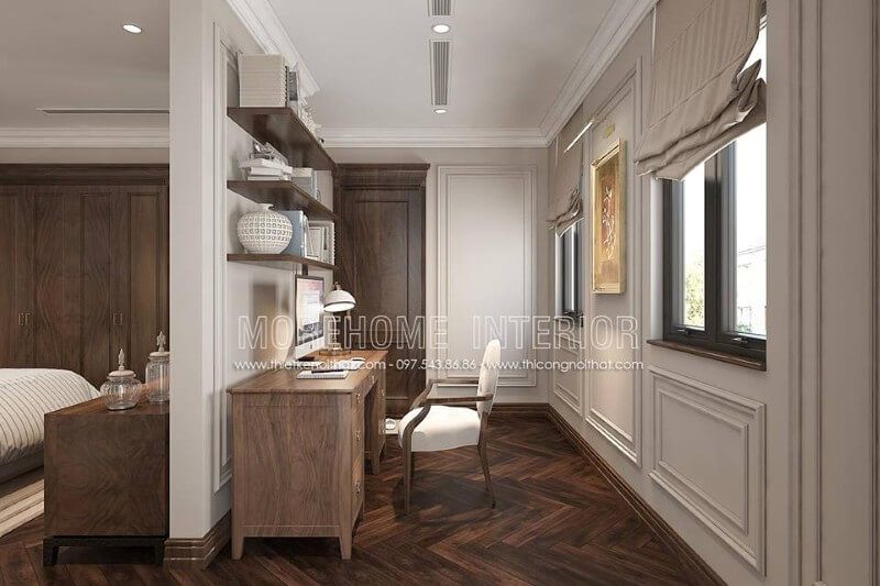 . Bàn làm việc hiện đại với chất liệu gỗ óc chó cao cấp, đường vân gỗ uốn lượn nổi bật, cuộn xoáy với gam màu nâu trầm chủ đạo tạo nên sự nhẹ nhõm và hứng khởi để làm việc, đem lại cảm giác bay bổng.
